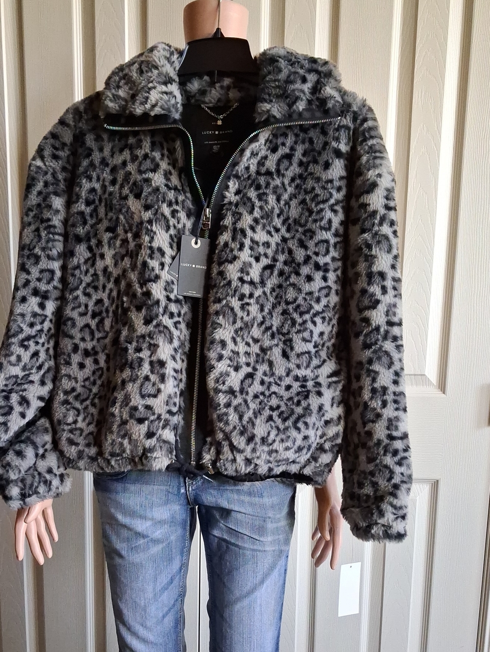 Lucky Brand Gray Leopard Print Teddy Jacket